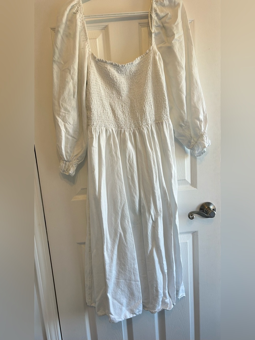 New Look White Smocked Bodice Long Dress with Puff Sleeves